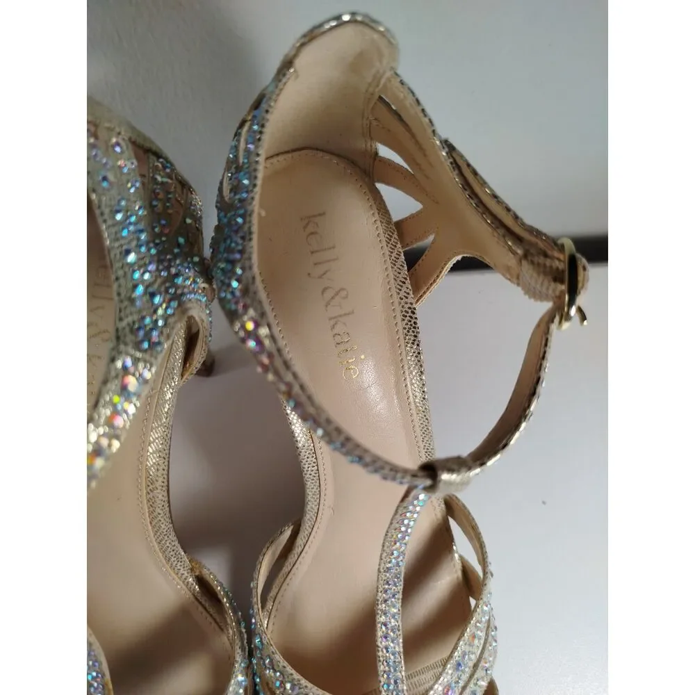 Kelly & Katie Womens Size 7 Champagne Rhinestone T-Strap Heels Dress Sandals - Picture 7 of 7